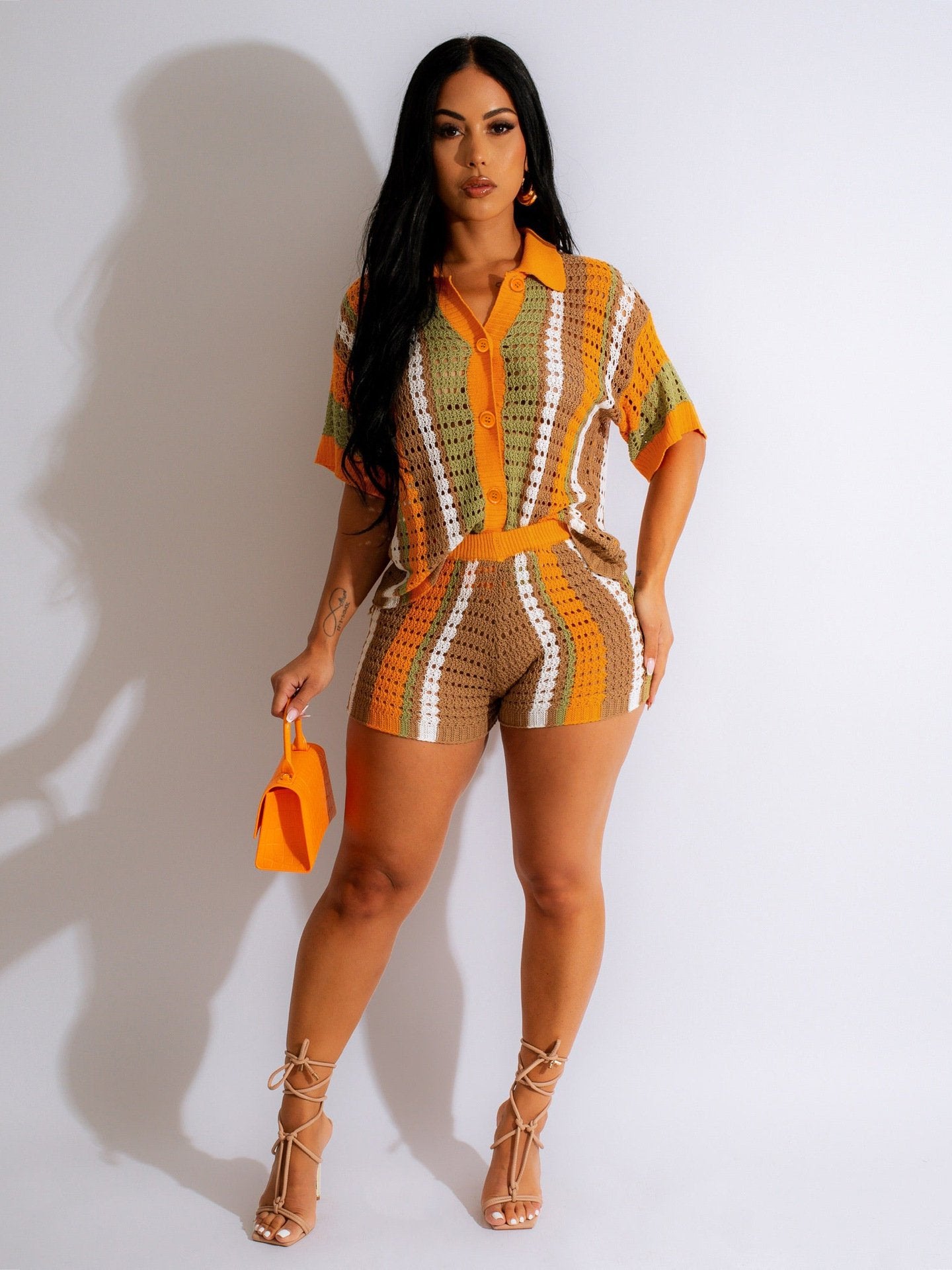 🎁Huge Sale 50% OFF🔥Sheer Mesh Button-Up Top and High-Waisted Shorts Set