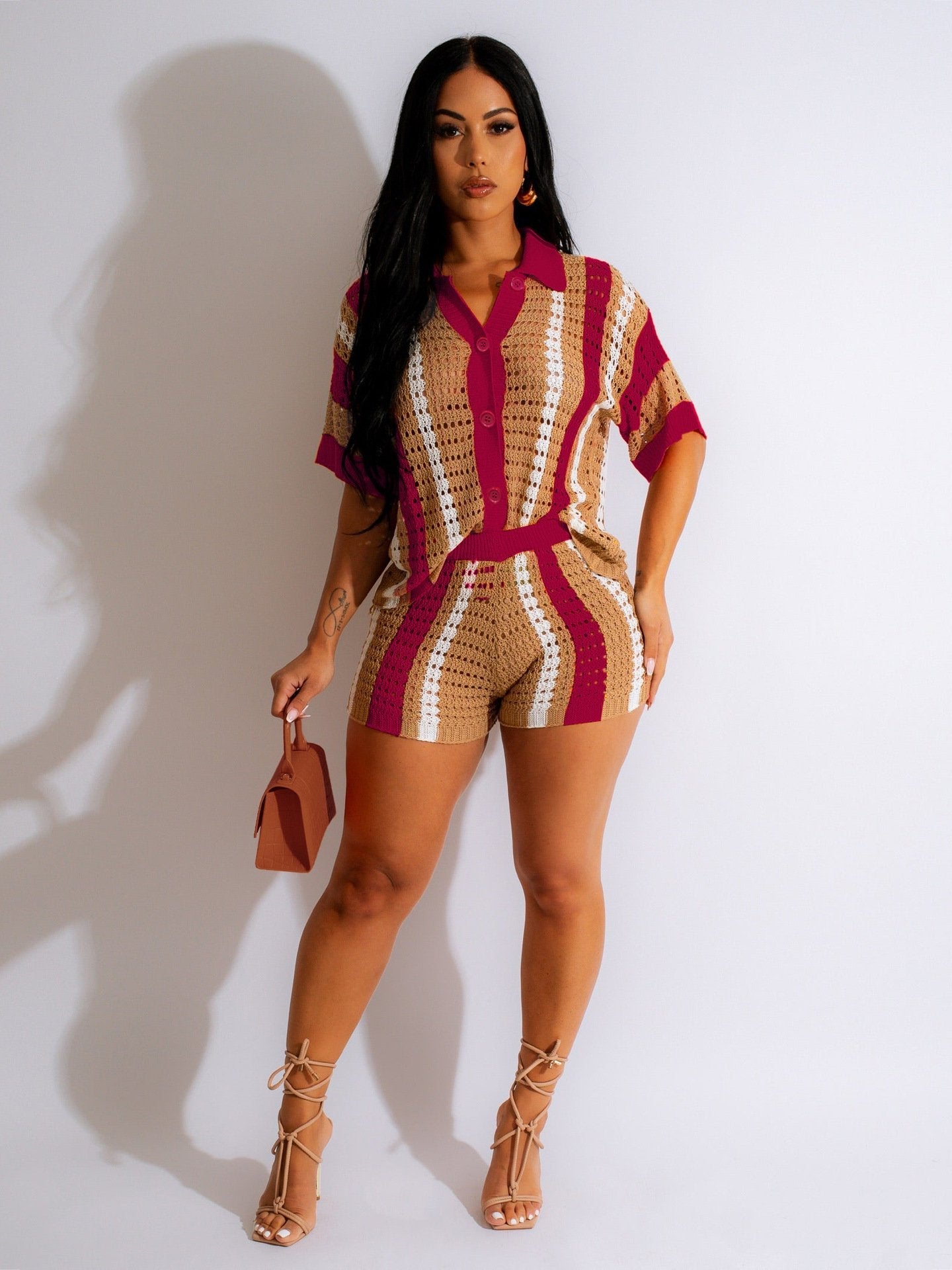 🎁Huge Sale 50% OFF🔥Sheer Mesh Button-Up Top and High-Waisted Shorts Set