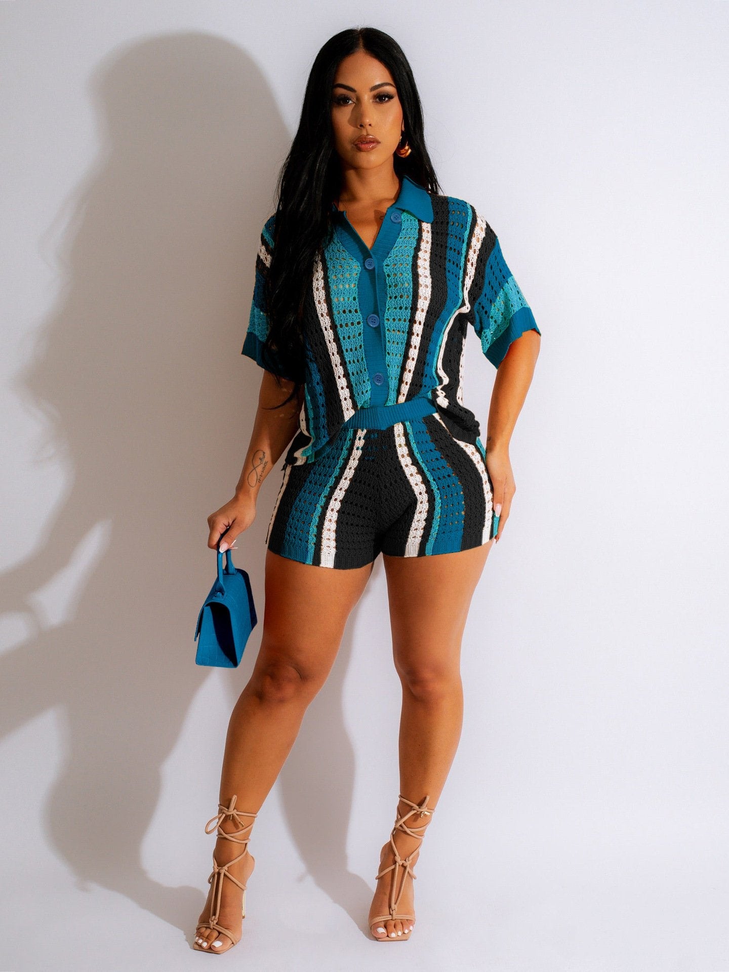 🎁Huge Sale 50% OFF🔥Sheer Mesh Button-Up Top and High-Waisted Shorts Set