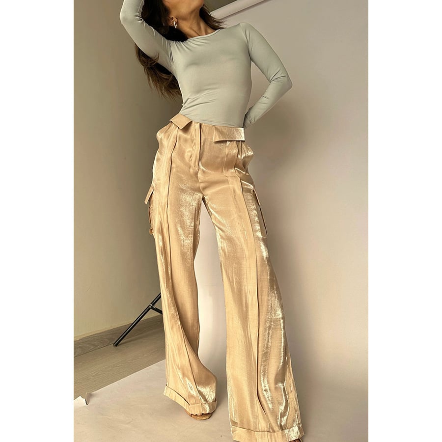 Golden Years Glitter Fabric Drawstring Waist Pocketed Wide Leg Pants