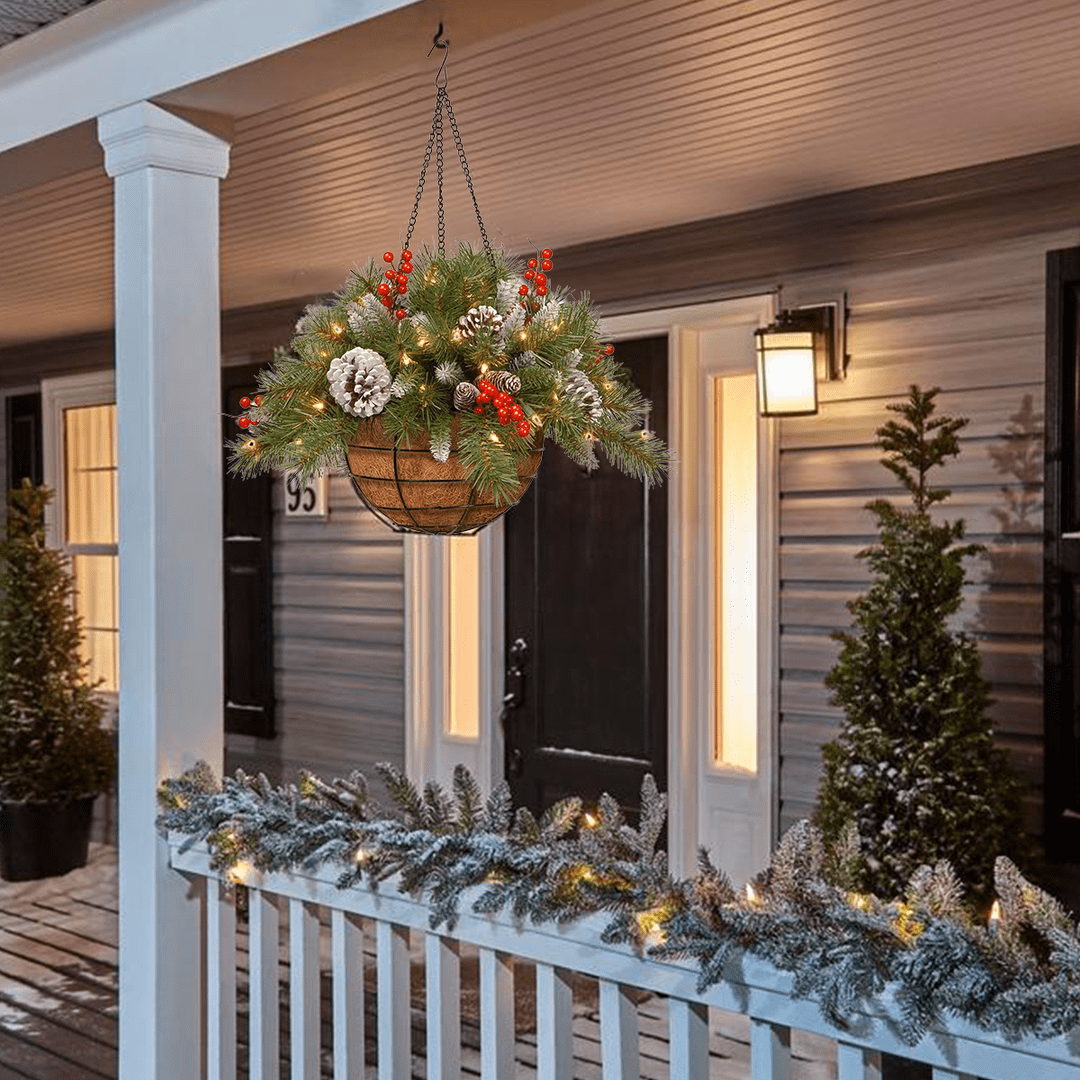 🎄 Enchanted Night Christmas Hanging Basket - Frosted Berries and Mixed Velvet Decoration