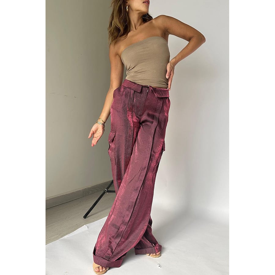 Golden Years Glitter Fabric Drawstring Waist Pocketed Wide Leg Pants