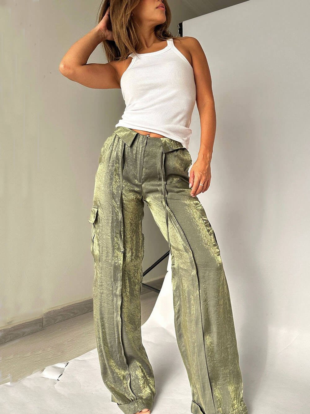 Golden Years Glitter Fabric Drawstring Waist Pocketed Wide Leg Pants