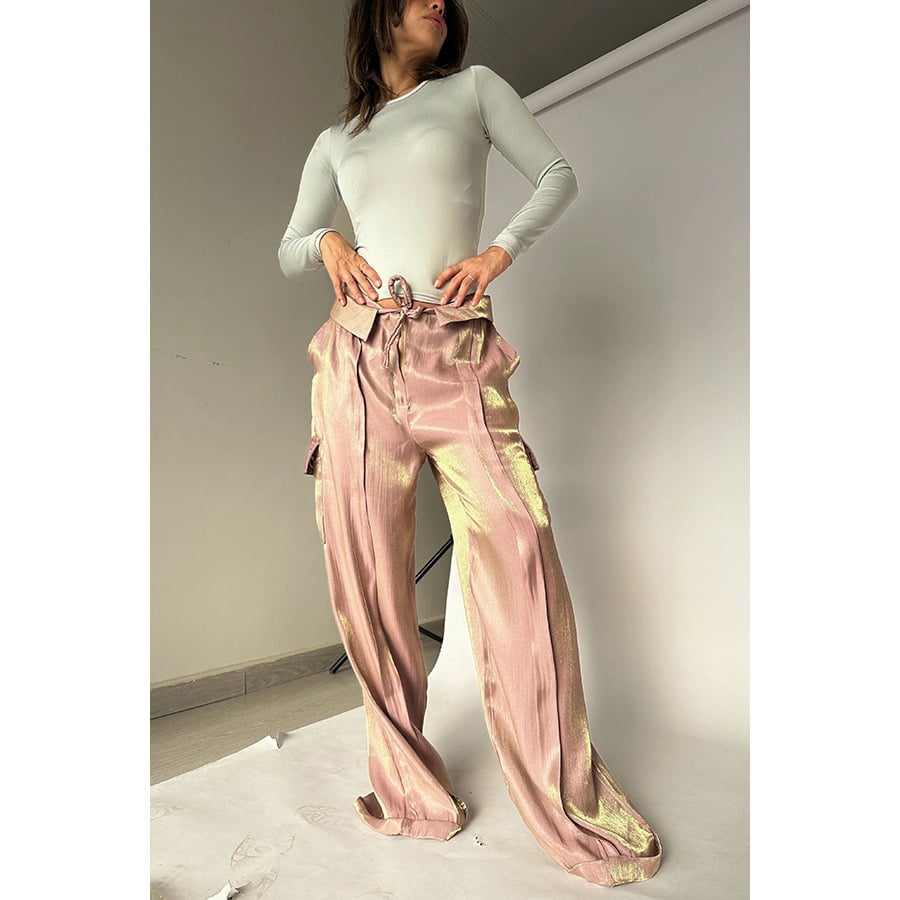 Golden Years Glitter Fabric Drawstring Waist Pocketed Wide Leg Pants