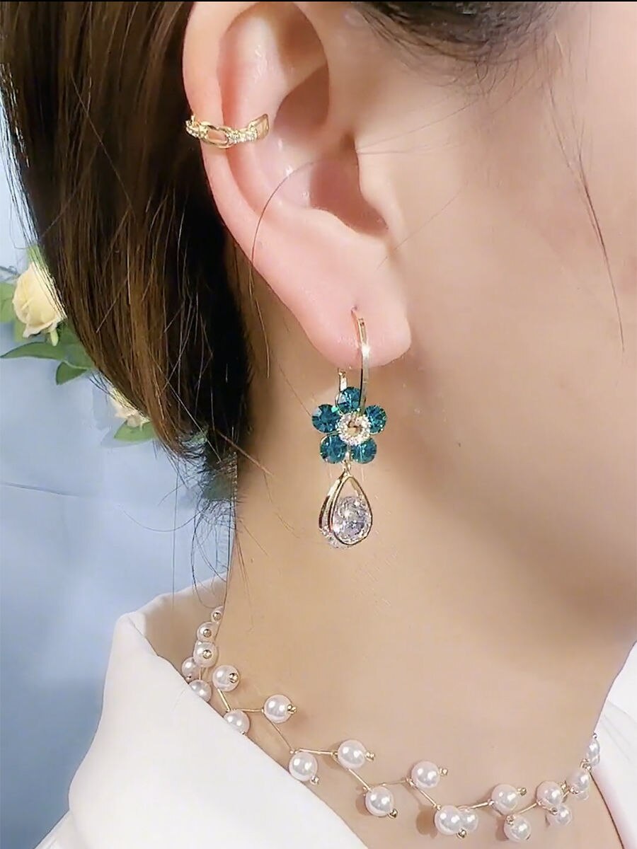 S925 Silver Needle Purple Blue Crystal Flower Drop Earrings