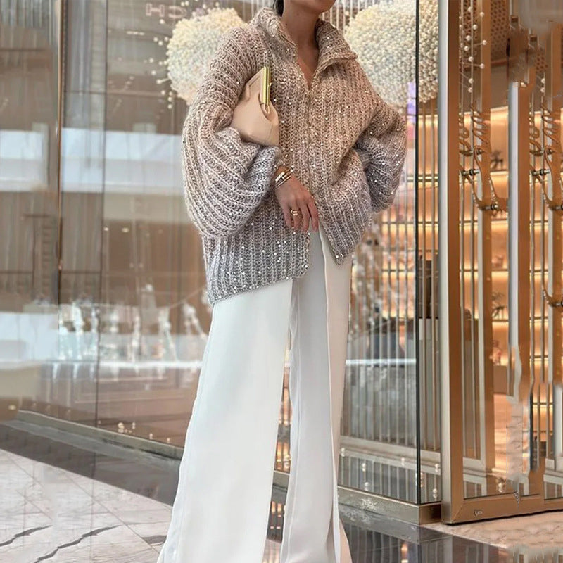 Solid Color Sequin Knit Sweater Jacket