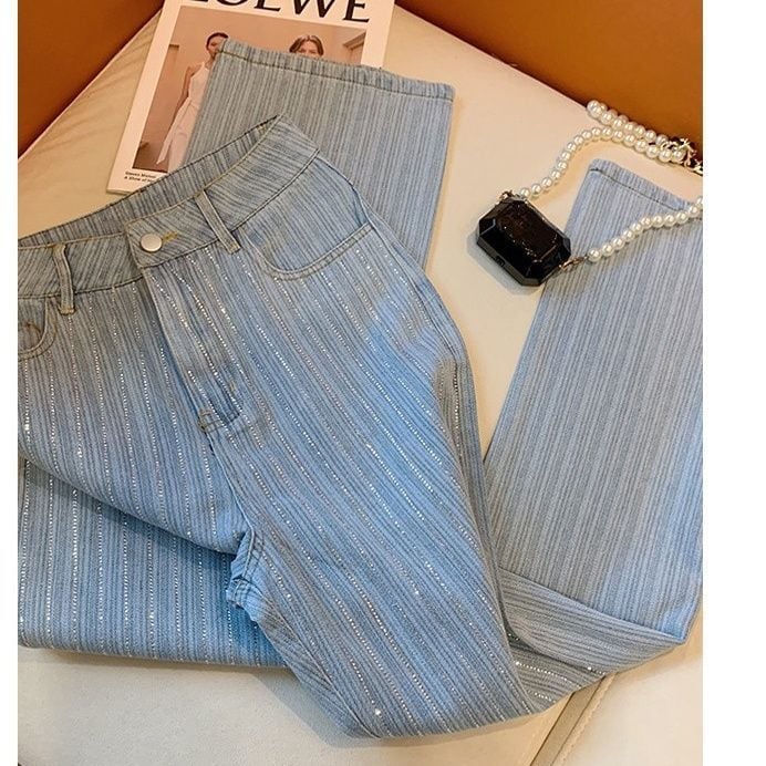 Straight leg jeans with light blue stripes