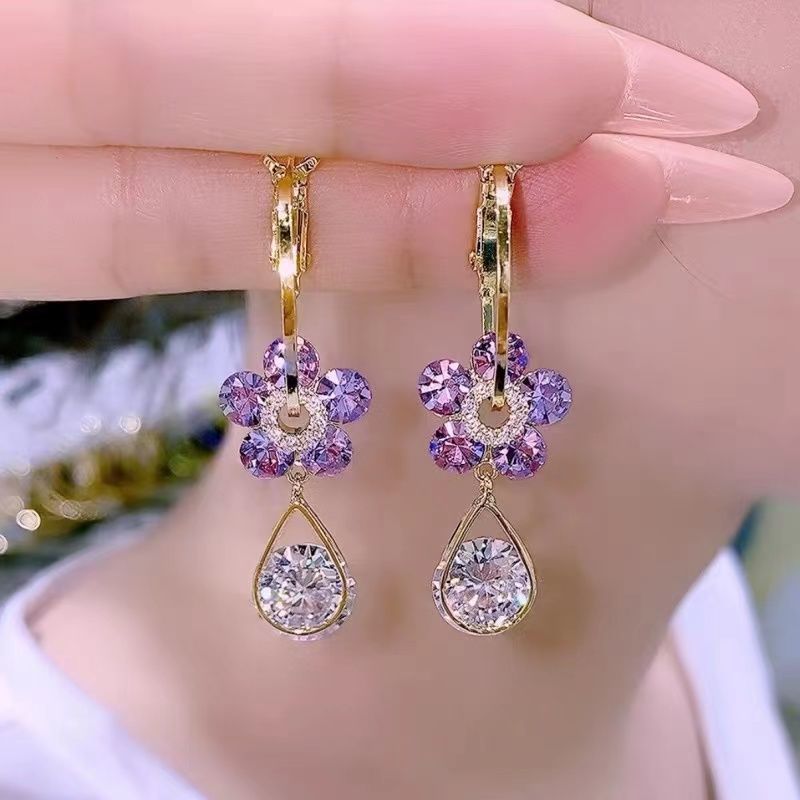 S925 Silver Needle Purple Blue Crystal Flower Drop Earrings