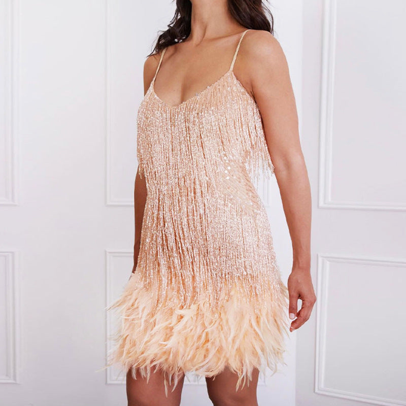 Women's Feather Fringe Sequin Spaghetti Strap Dress