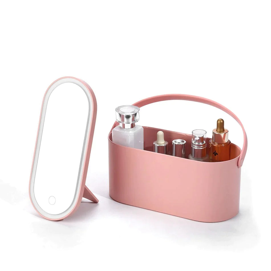 Portable LED Cosmetic Mirror Organizer with Storage