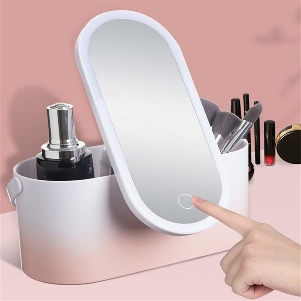 Portable LED Cosmetic Mirror Organizer with Storage