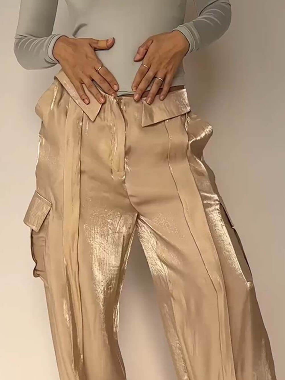 Golden Years Glitter Fabric Drawstring Waist Pocketed Wide Leg Pants