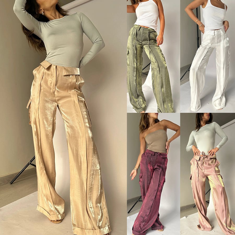 Golden Years Glitter Fabric Drawstring Waist Pocketed Wide Leg Pants